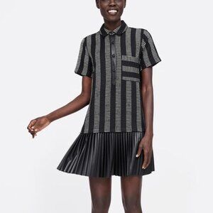 Zara Black and white woven pattern dress with vegan leather accents XS
